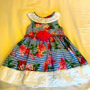 Nannette kids blue striped floral dress with pink belt